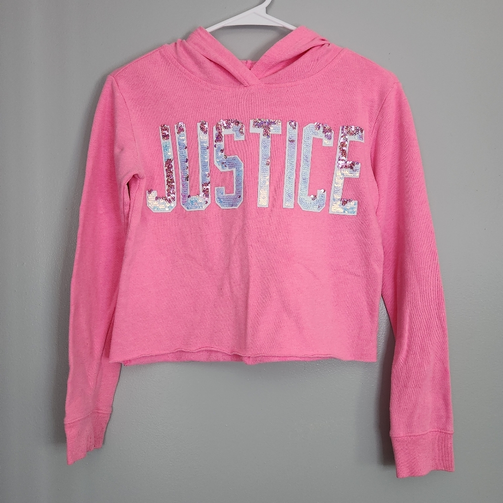 Justice girls crop hoodie. Sz 10 Pink, with flip sequin "JUSTICE" wording.